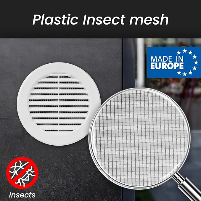 Repa Market 4 Inch (Opening) White Round Air Vent Cover - Pack of 10 Plastic Fresh Air Intake Vent - Grill Cover with Nylon Mesh Screen - Wall or Ceiling HVAC Return Air Register - Modern Soffit Vents