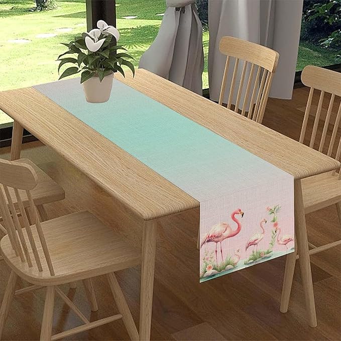 Flamingo Table Runner,Teal Pink Flamingo Family with Flowers Grass Watercolor Style Table Center Decor for Family Kitchen and Living Room Outdoor Farmhouse Party Table Decorations, 13"x90"