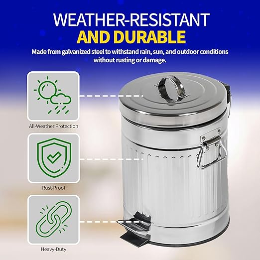 Pet Fit For Life 11" Tall Galvanized Steel Trash Can - Features Step Foot Pedal, Lid Lift - Plastic Inner Lining & Custom Liner Bags - Weather-Resistant, Covered Bin for Lawn & Yard (5L/1.3 Gallons)
