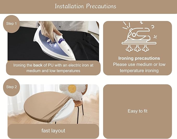 Round Fitted PU Tablecloth with High Elastic Edge 43 Inch Dia Waterproof Oil Proof Table Cloth Anti-scald Stain-Resistant Wipeable Table Cover for Indoor Outdoor Picnic (Cream Coffee,43"Dia)