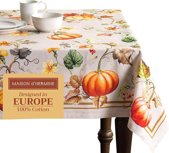Maison d' Hermine Table Cloth Square Table 100% Cotton 60 x 60 Inches Fall Tablecloth Reusable Everyday Use for Thanksgiving Christmas Decorations Dining Farmhouse Party (Potiron)