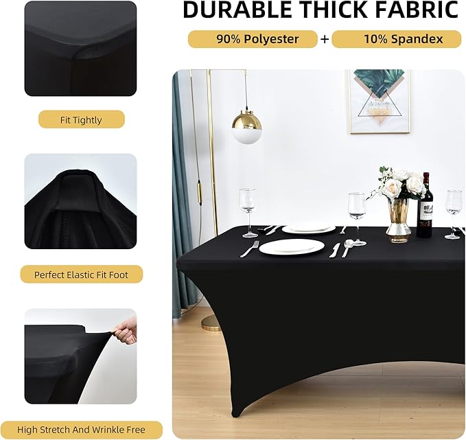 6-Pack 8ft Black Spandex Table Covers for Rectangle Folding Tables - Washable Elastic Tablecloth - Ultimate Fitted Table Protector for Birthday Parties, Trade Shows, Banquet