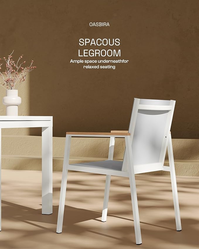 Outdoor Dining Chairs Set of 2, Aluminum Patio Dining Chairs with Textilene Fabric & HDPS Armrest for Ergonomic Design, All-Weather Outdoor Furniture for Garden and Indoor, White