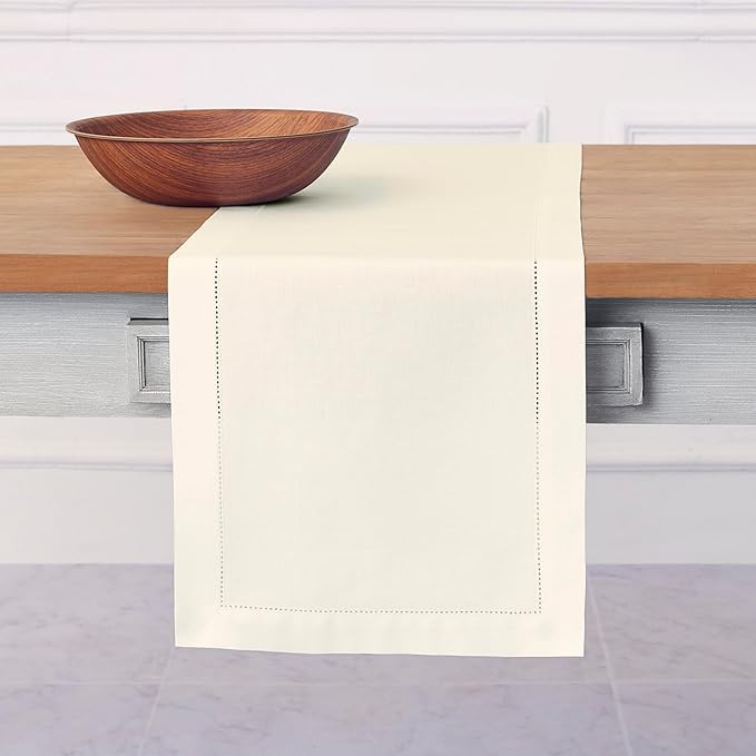 Solino Home Ivory Table Runner 36 Inches - Cotton Linen Hemstitch Coffee Table Runner 14 x 36 Inch Ideal for Dresser Tables - Spring, Easter