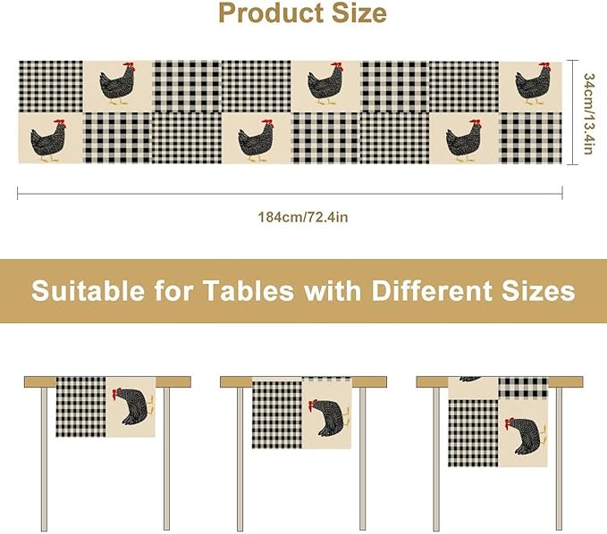 Farm Animal Table Runner, Chicken Hen Black White Buffalo Plaid Check Farmhouse Chick Table Runner for Home Kitchen Holiday Dining Party 13x120in