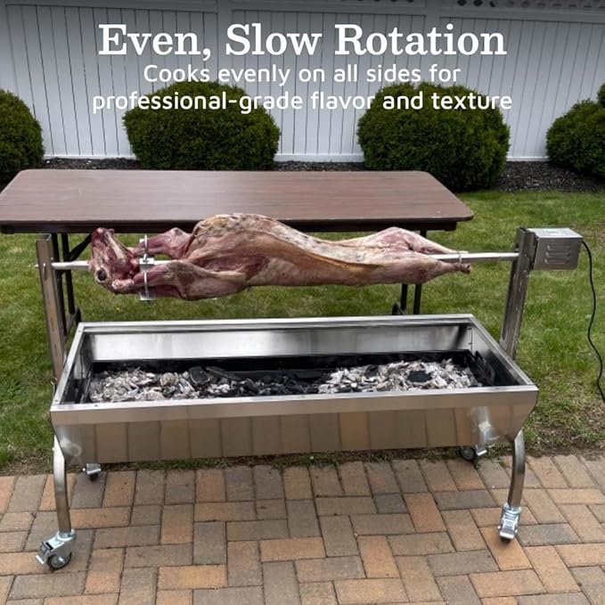 Ash & Ember 25W Stainless Steel BBQ Rotisserie Grill, 4 RPM Rotation Speed, Rated 125 LB for Large Game, Portable Electric Outdoor Roaster with Dual Prongs, Single Leg Bracket, and Spine Fork