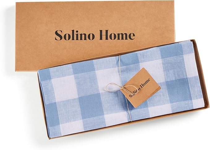 Solino Home Linen Checkered Table Runner 132 Inches Long - 100% Pure Linen Buffalo Check Chambray Blue and White Table Runner 14 x 132 Inch Ideal for Dining, Winter, Spring, Easter