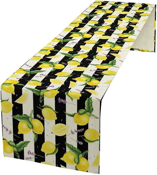Farmhouse Lemon Fruit Table Runner Nature Aesthetic Black White Stripe Flowers Plant Dining Table Decoration for Home Holiday Party Dresser Kitchen Cabin Restaurant Wedding Decor 13×70in