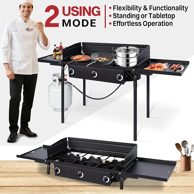 3 Burner Propane Camp Stove | 225,000 BTU Gas Burners | Side Shelves | Windscreen | Waterproof Cover | Detachable Legs | Ideal for Camping Backyard Outdoor Cooking