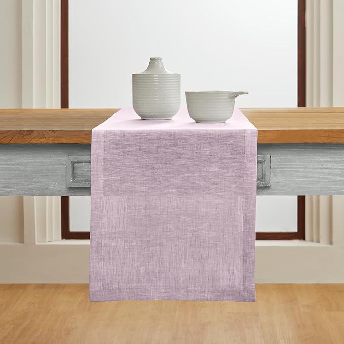 Solino Home Linen Small Table Runner 48 Inches - Athena, 100% Pure Linen Chambray Lavender Table Runner 14 x 48 Inch Ideal for Dresser and Coffee Tables - Spring, Easter, Valentines