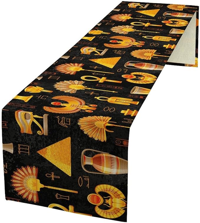 Egyptian Table Runner, Retro Egypt Mural Old Hieroglyphic Elements Ancient Mythology Hieroglyph Symbol Printed Kitchen Dining Table Runner for Kitchen Living Room Home Party 13x60in