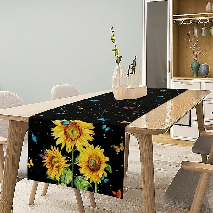 Farmhouse Sunflower Table Runner, Black Starry Spring Yellow Flowers Botanical Butterfly Table Runners for Dining Kitchen Holiday Party Table Decor, 13x120inch