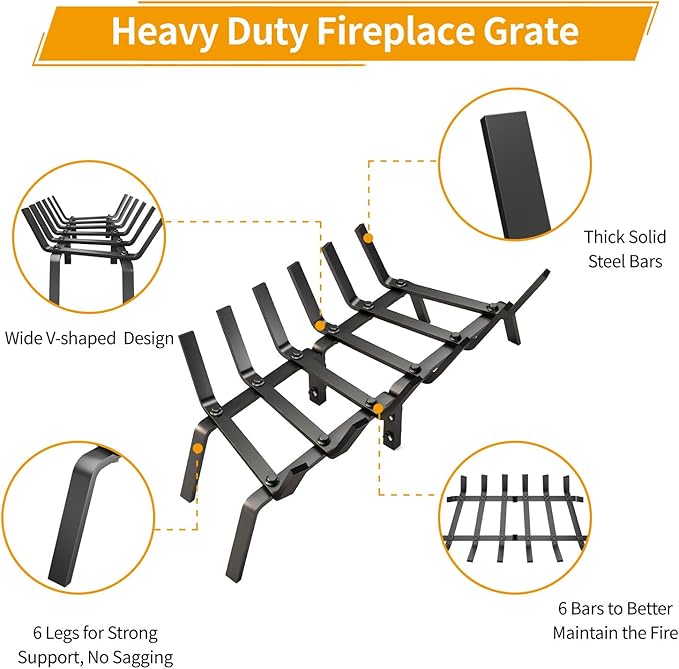 Fireplace Grate, 30 inch Solid Fireplace Log Holder, Heavy Duty Cast Iron Firewood Log Burning Rack Fire Grates for Inside Fireplace Accessories