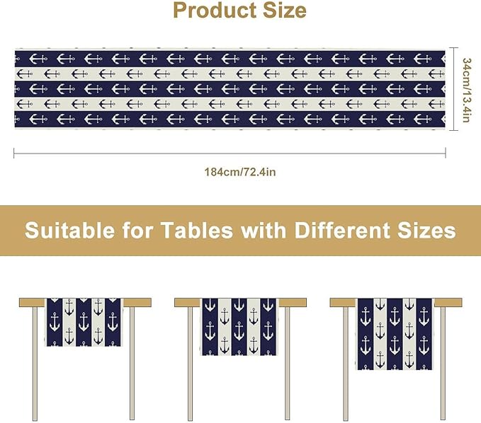 Nautical Anchor Table Runner, Ocean Beach Coastal Beach Stripe Background Theme Table Runner for Dining Kitchen Party Holidays Home 13x60in