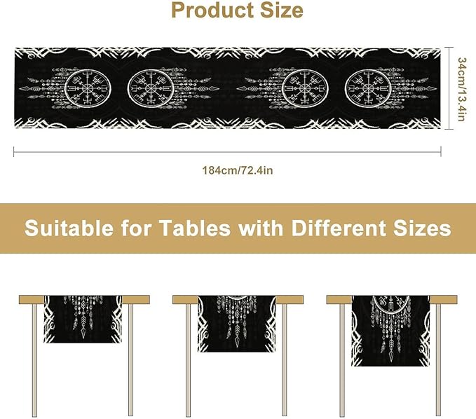 Viking Table Runner, Nordic Ancient Mythical Runes Print Table Runner for Home Dining Kitchen Coffee Table Party 13x90in
