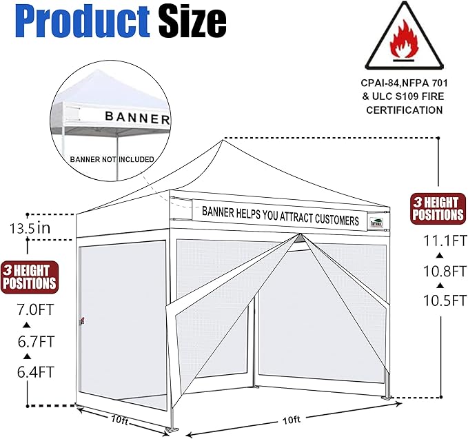 Eurmax USA 10'x10' Pop-up Canopy Tent Commercial Instant Canopies with 4 Removable Zipper End Screen Wall kit and Roller Bag, Bonus 4 SandBags(White)