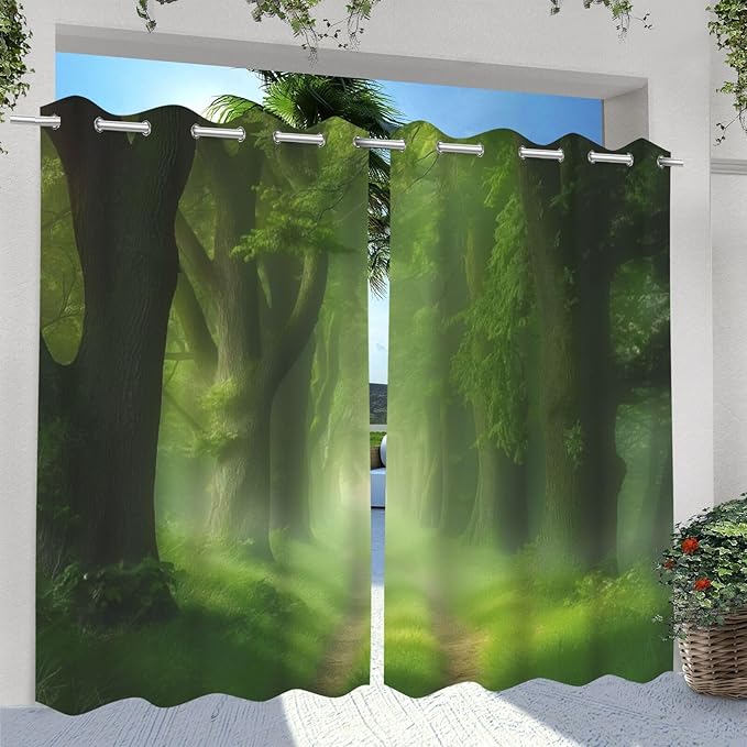 Forest Theme Waterproof Indoor/Outdoor Curtains,Dawn Trees Jungle Pattern,Privacy, Grommet Curtains for Patio, Pergola, Porch, Deck, Lanai, and Cabana,2 Panel,W54 x L96,Green