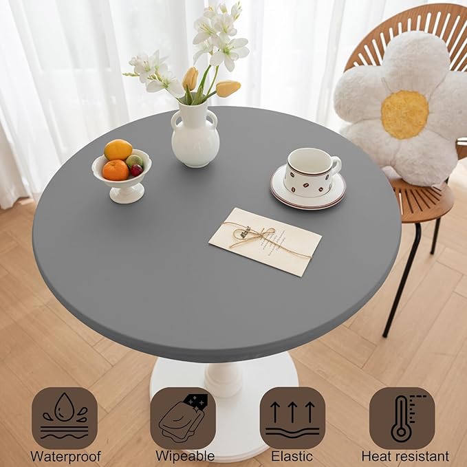 Round Fitted PU Tablecloth with High Elastic Edge 28 Inch Dia Waterproof Oil Proof Table Cloth Anti-Scald Stain-Resistant Wipeable Table Cover for Indoor Outdoor Picnic (Light Grey,28" Dia)