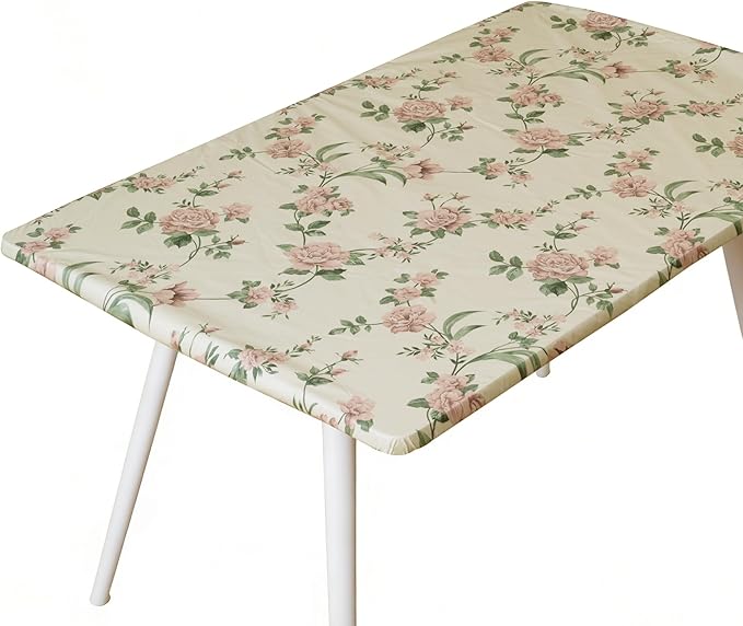 Rectangle Picnic Table Cloth, Elastic Waterproof Fitted Vinyl Tablecloths for 5 Foot Tables, Wipeable Flannel Backed Table Covers for Dining, Camping, Outdoor(Rose,36"x60")
