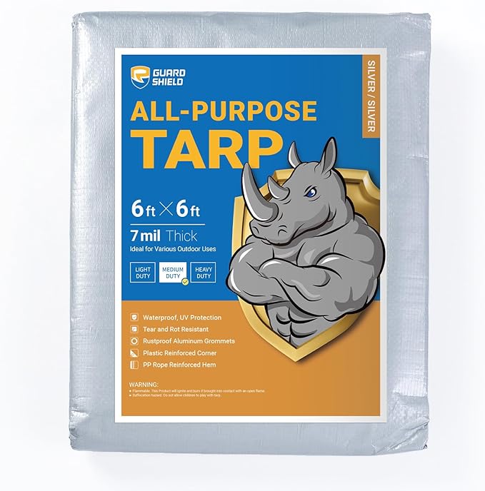 GUARD SHIELD Silver Tarp Waterproof 6x6 Feet Medium Duty All Purpose Poly Tarps Cover 7mil
