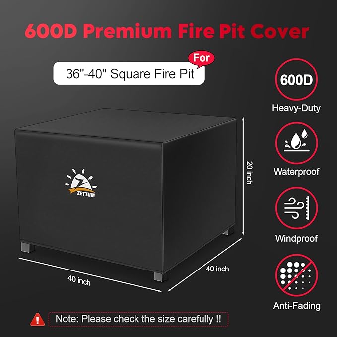 Zettum Fire Pit Cover Square 40 Inch - Outdoor Firepit Cover Heavy Duty & Waterproof, 600D Patio Fire Table Cover Gas Fire Pit Accessories Fade & Weather Resistant - 40 x 40 x 20 Inch