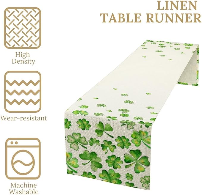 St.Patrick's Day Table Runner,Rustic Green Clover Seasonal Leaves White Green Table Center Decor for Family Kitchen and Living Room Outdoor Farmhouse Party Table Decorations, 13"x36"