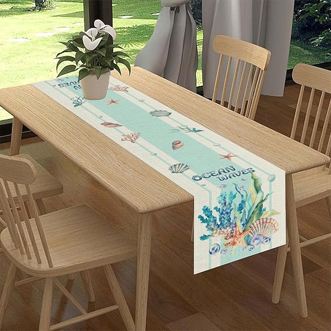 Nautical Coastal Table Runners, Blue Starfish Seashell Coral Summer Watercolor Undersea Ocean Waves Beach Table Center Decor for Holiday Party Kitchen Outdoor Farmhouse Table Decorations, 13" X 36"