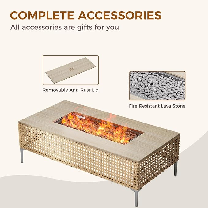 Grand patio 15-Piece Patio Furniture Set with 47" Fire Pit Table, Outdoor Conversation Set & 50,000 BTU 47 Inch Rectangle Propane Fire Pit & Storage Box with Water Resistant Thick Cushions, Cream
