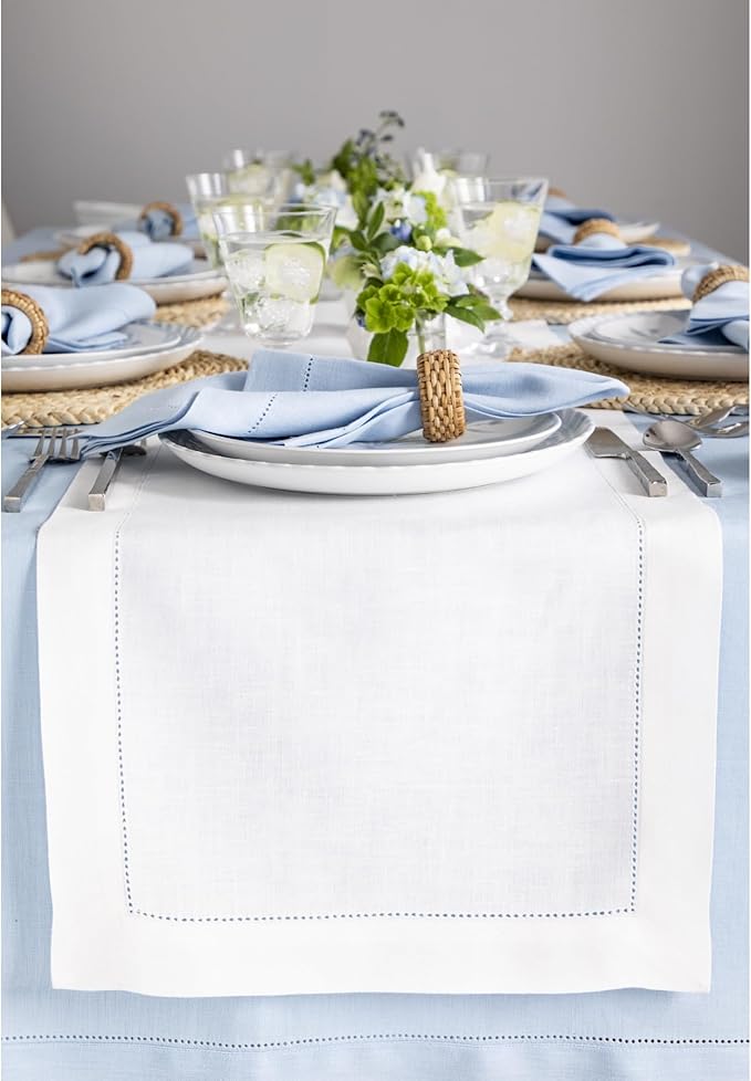 Solino Home Linen White Table Runner 108 Inches Long - 100% Pure Linen 14 x 108 Inch Table Runner for Valentines, Spring, Easter - Classic Hemstitch