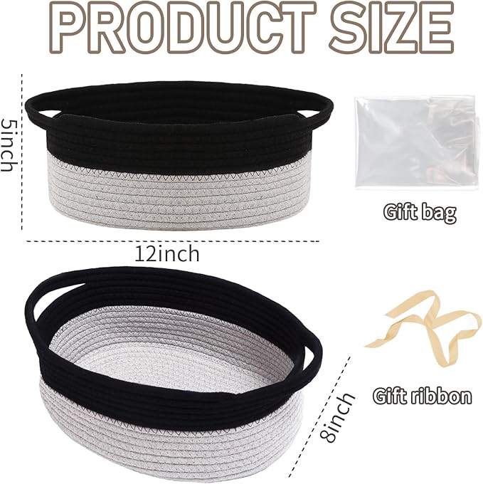 Woven Basket,Small Rope Storage Bin with Handles & Ribbon Bag, Organizer for Shelves Closets,Gift Basket Empty for Birthday,Books,Dog Toys, Black&Grey