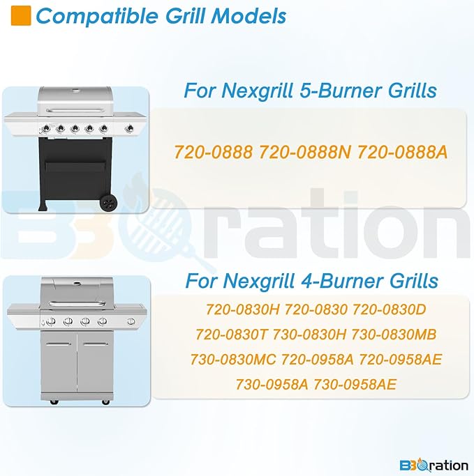 Replacement Parts Kit for Nexgrill 5-Burner 720-0888 720-0888N 720-0888A, 4-Burner 720-0830 720-0830H 720-0830A, Cooking Grate, Heat Shield and Burner Kit for Nexgrill