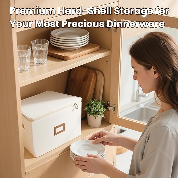 HOMELUX THEORY Hard Shell China Storage Containers, 6pc Ivory Mug & Plate Storage Box, Kitchen Storage Bins With Lids, Heavy Duty Moving Box with Handles for Dishes, Glassware, Stemware, Cup & Mug
