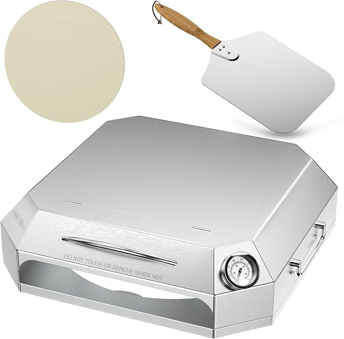 Onlyfire Stainless Steel Pizza Oven Kit for Gas Grill, Charcoal Grill and Propane, Portable Grill Top Pizza Oven Kit Baking Tools Including Pizza Stone, Pizza Peel & Thermometer