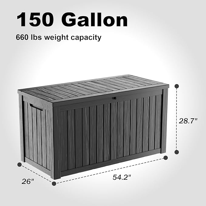 150 Gallon Outdoor Storage Box – Resin Deck Box with Lockable Lid, Waterproof Patio Furniture Storage for Tools, Garden & Yard Organization