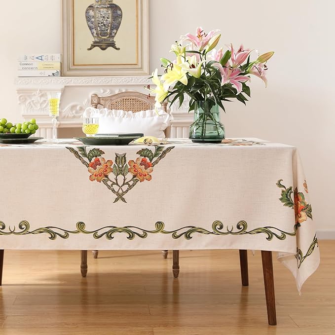 patdrea Designer Vintage Linen Rectangle Tablecloth,French Floral Tablecloths,Wrinkle Free Table Cloth,Decorative Table Cover Cloth for Kitchen,Dining,Tea Party,Home,Christmas,55"*79"