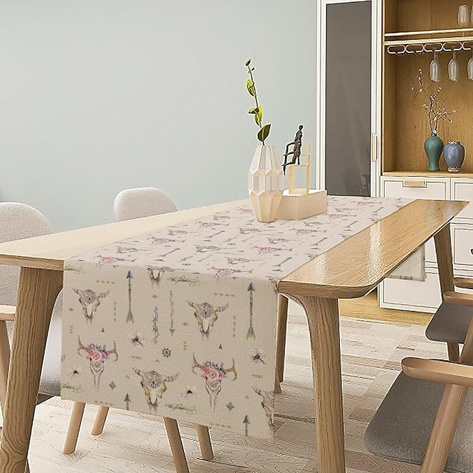 Western Boho Table Runner, Aztec Native Tribal Bull Skull Southwestern Bohemian Geometric Floral Pattern Table Runner for Home Kitchen Dining Party Farmhouse Cafe 13x120in