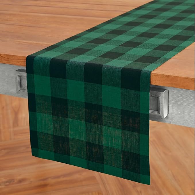 Solino Home Linen Checkered Table Runners 72 Inches Long - 100% Pure Linen Green and Black Buffalo Check Table Runner 14 x 72 Inch Ideal for Dresser, Dining, Winter
