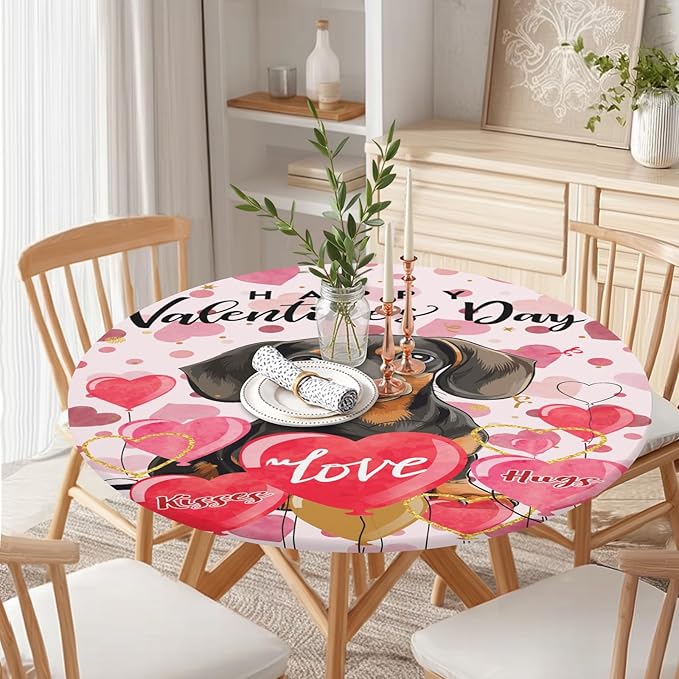 Valentines Day Round Fitted Tablecloth with Elastic Pink Love Heart Dog Circle Table Cloth for 48-52" Tables Wipeable Waterproof Washable Valentine Puppy Table Cover for Picnic Dining Party Decor