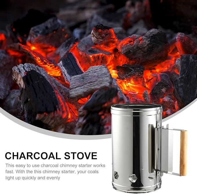 GANAZONO Quick Coal Starter Barrel BBQ Chimney Starter Grill Fire Starter with Heat Shield and Wooden Handle for Outdoor Barbecue Cooking