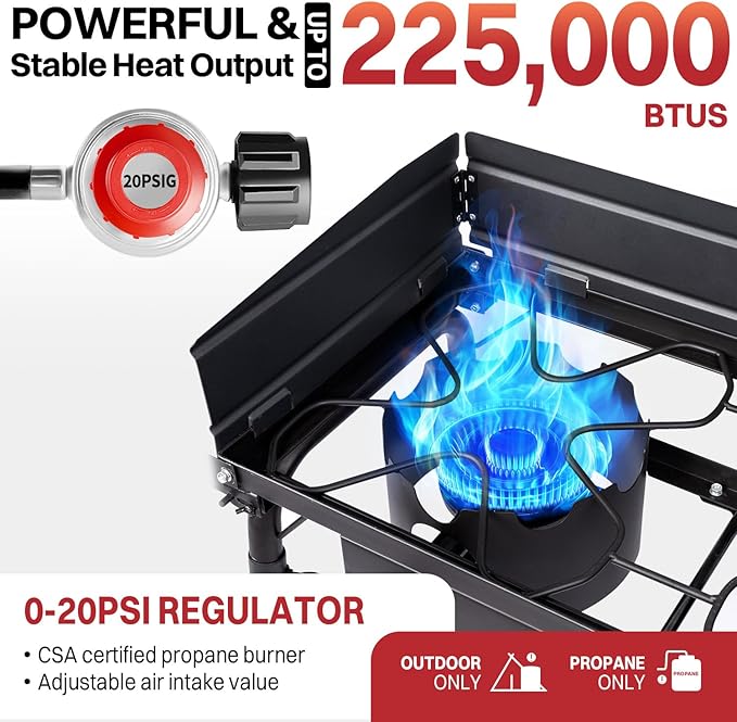 3 Burner Propane Camp Stove | 225,000 BTU Gas Burners | Side Shelves | Windscreen | Waterproof Cover | Detachable Legs | Ideal for Camping Backyard Outdoor Cooking