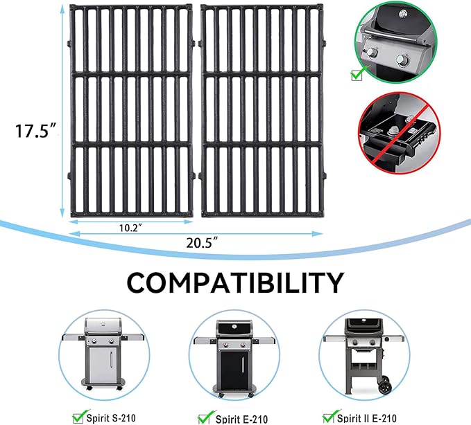17.5 Inch 7637 Cooking Grates for Weber Spirit & Spirit II 200 Series Spirit E210 Spirit E220 Spirit S210 S220 with Front Control, Cast Iron Grates Replacement Parts for Weber Spirit 2 Burner E-210