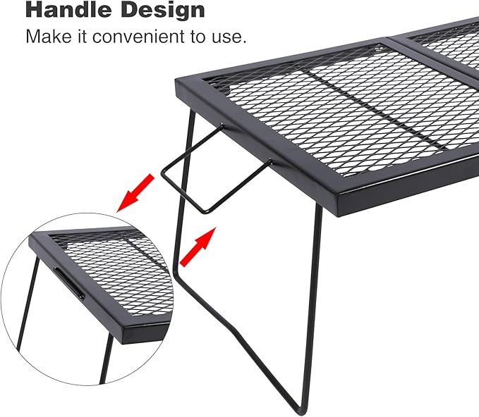 Large Folding Campfire Grill Grate, Portable Heavy Duty Steel Over Fire Camp Grill for Outdoor Camping Cooking Fire Pit, Black Folded in Half, 23.6"x15.7"