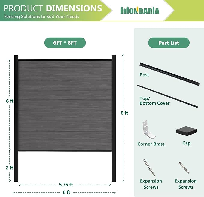 Mondaria Fence Privacy Screen with 8ft In-ground Posts, 6ft(H) x 24ft(W) Wood Plastic Composite Fence Panels Weather-Resistant Outdoor Fence for Backyard/Garden (Silver Gray, 5 Posts)