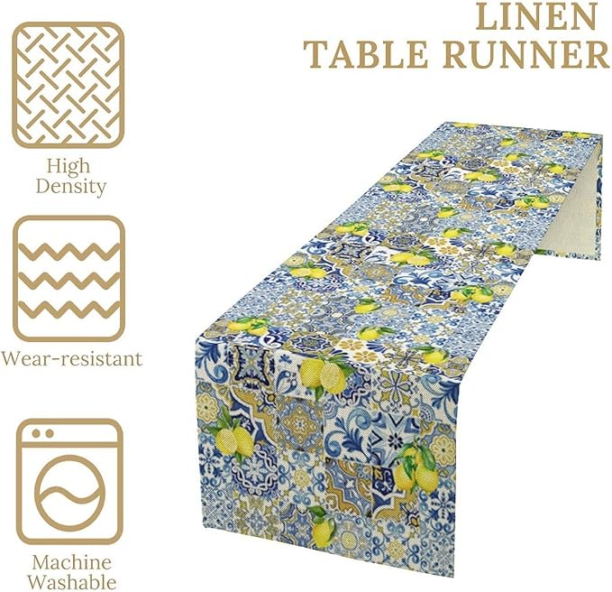 Farmhouse Rustic Lemon Table Runner,Vintage Morocco Blue Tiles Mediterranean Summer Fruit Print Table Runner for Kitchen Dining Table Home Party Decor 13x36in