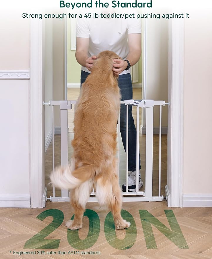 Babelio Metal Baby Gate, 29-43" Auto Close Easy Install Pet Gate PressGuard P7, Extra Wide Walk Thru Child Safety Gate, 30" Tall Pressure Mounted Dog Gate for Doorways & Stairs, White