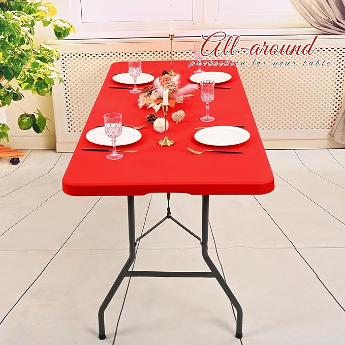 10 Pack Stretch Fabric Table Top Cap Cover, Red Table Covers fits 6Ft Tables, Washable Elastic Universal Rectangle Tablecloth Protector for Indoor Outdoor Party Picnic Wedding (30" W x 72" L)