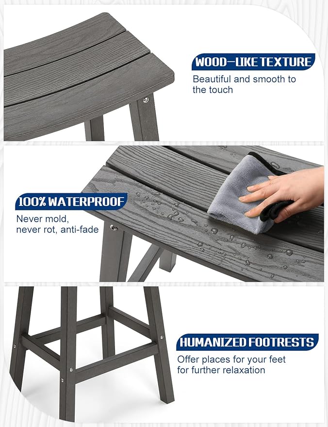 Weatherproof Bar Stools Set of 4, 28" Height Outdoor Bar Stools Holds up to 400 lbs, Saddle Seat, Bar Height Stools for Patio, Garden, and Kitchen Island, Gray