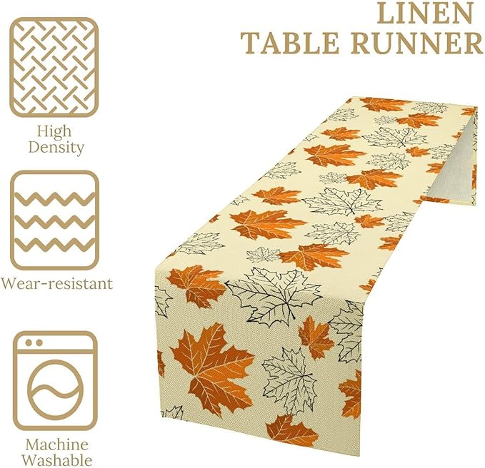 Fall Maple Leaves Table Runner, Rustic Vintage Autumn Orange Leaf Thanksgiving Farmhouse Kitchen Dinning Table for Indoor Outdoor Home Party, 13x36inch