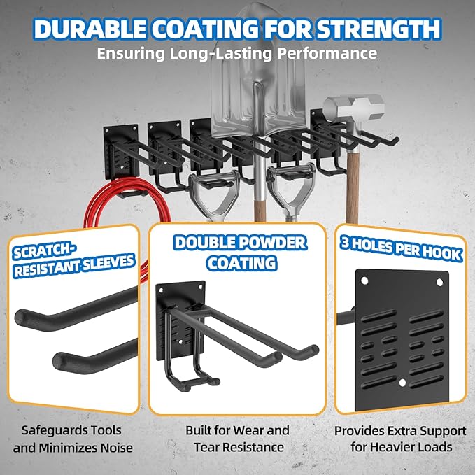 8 Pack Garage Hooks Heavy Duty 10 INCH Double-Layer Steel Shed Wall Mount Workshop Garage Storage Organizer Hooks for Hanging Garden Tool, Hose, Ladder, Chairs, Bikes with Anti-Slip Coating