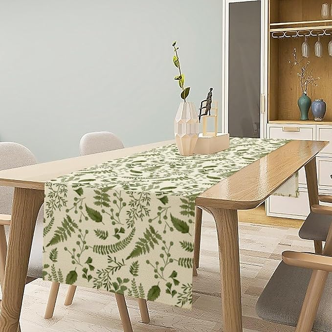 Green Leaves Table Runner,Spring Summer Herbs Botanical Natural Plants Print Table Runner for Kitchen Dining Table Farmhouse Home Party Decor 13x120in
